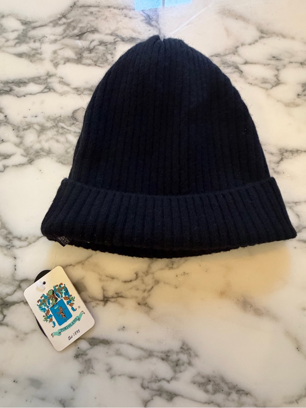 NWT Portolano 100% Cashmere Ribbed Folded Cuff Beanie Hat Black One Size